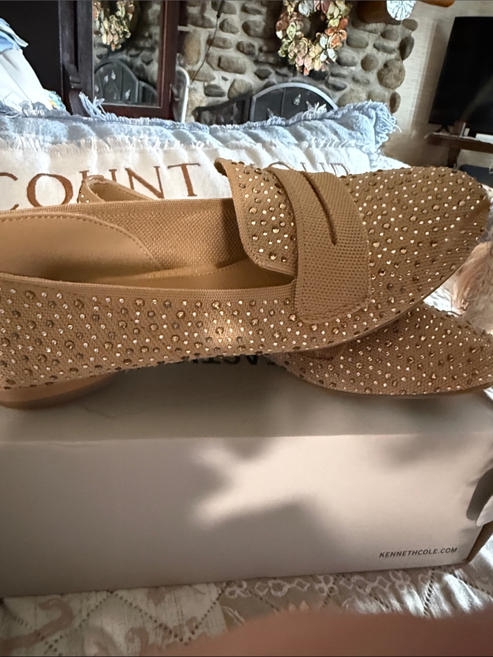 Kenneth Cole Beige Crystal-Embellished Slip-On Loafers